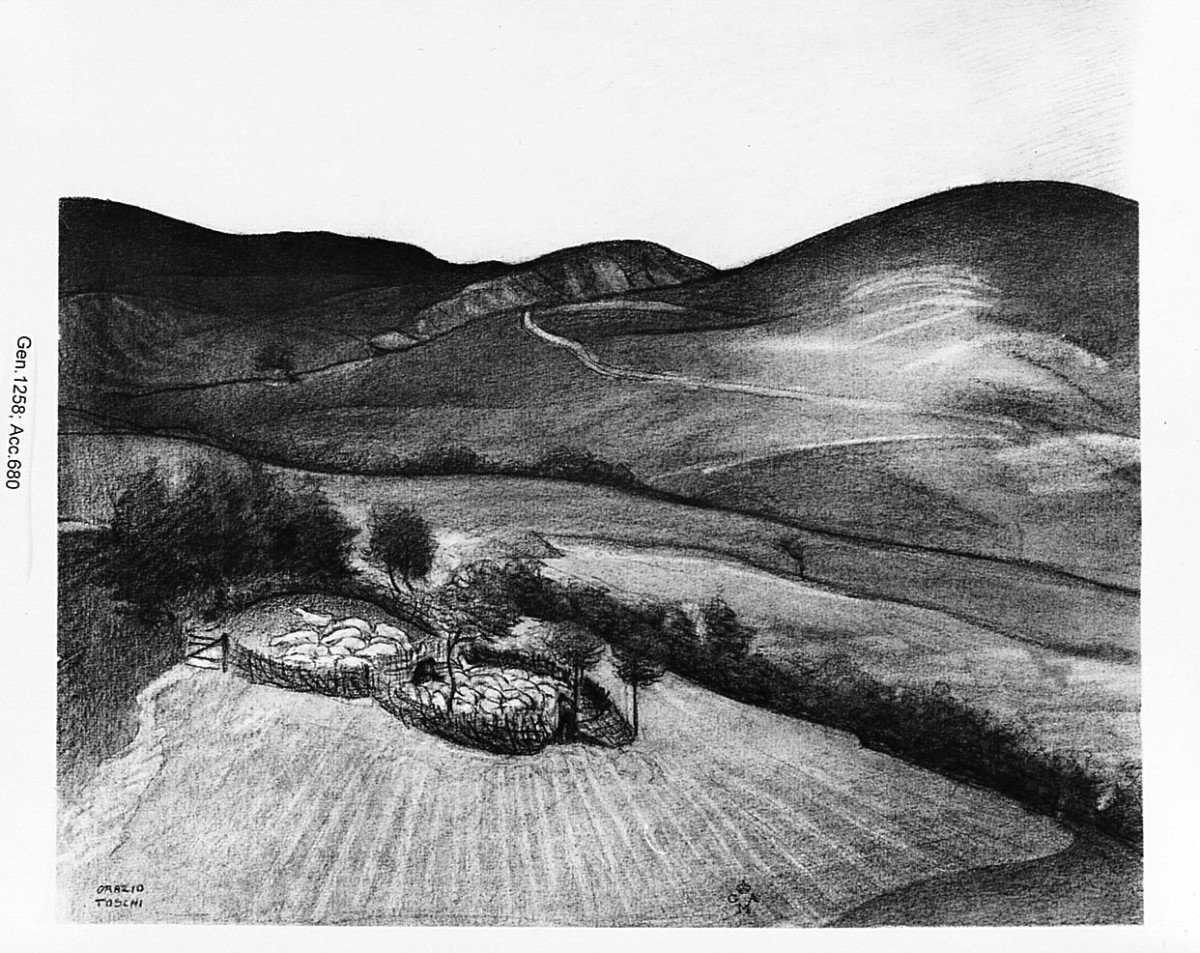 L'ultima fatica del pastore, paesaggio (disegno) di Toschi Orazio (sec. XX)