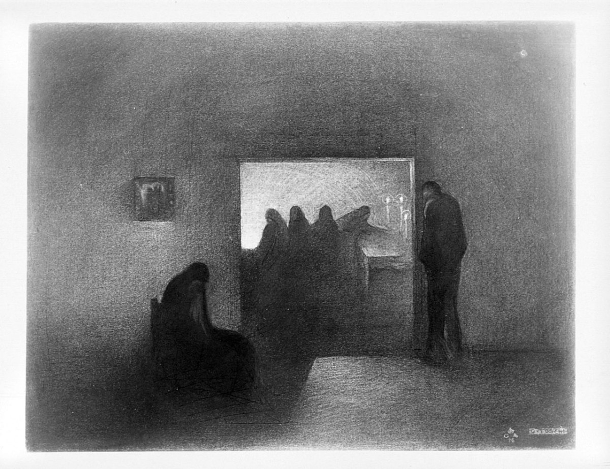 La veglia al morto, interno con figure (disegno) di Toschi Orazio (sec. XX)