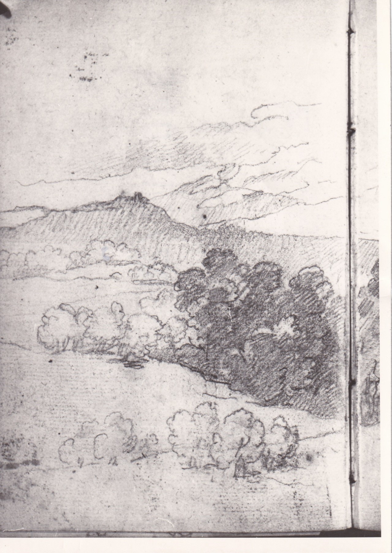Figura di contadina in piedi con fascio di erba sul capo, Paesaggio con colline e bosco (disegno) di Bezzuoli Giuseppe (sec. XIX)