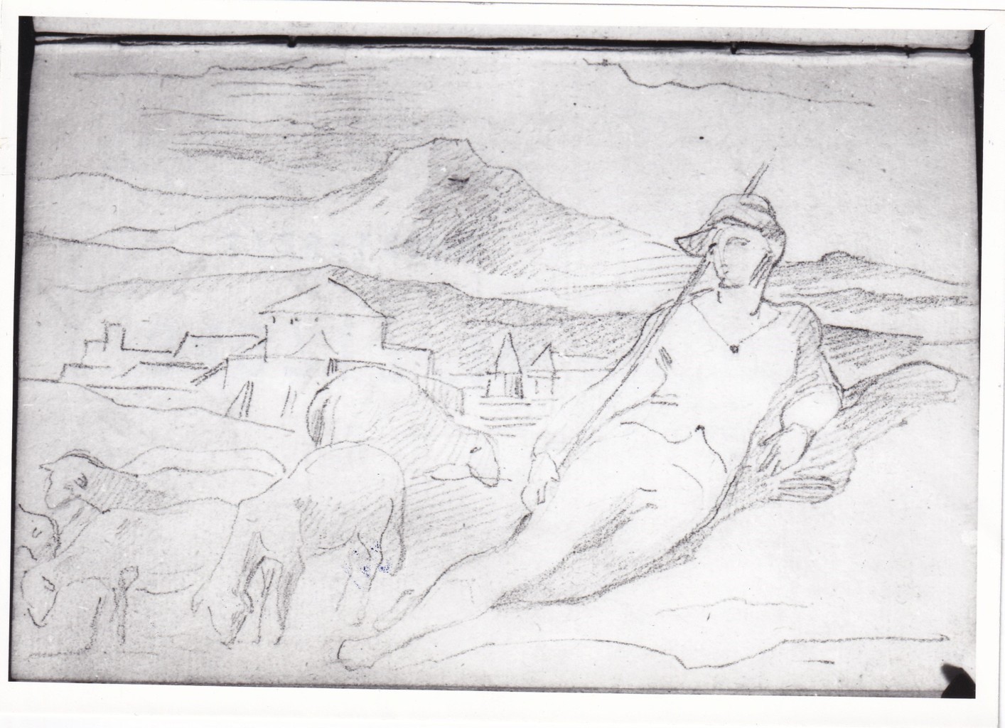 Pastore in riposo si sfondo di un paesaggio, Due bovi (disegno) di Bezzuoli Giuseppe (sec. XIX)