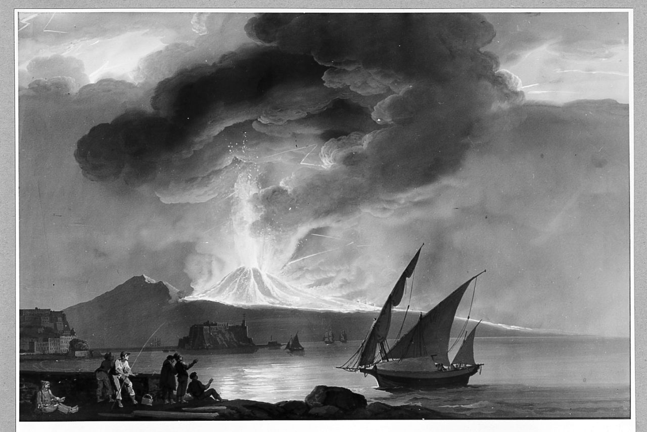 Il Vesuvio in eruzione con veduta del Golfo di Napoli (disegno) - ambito francese (prima metà sec. XIX)