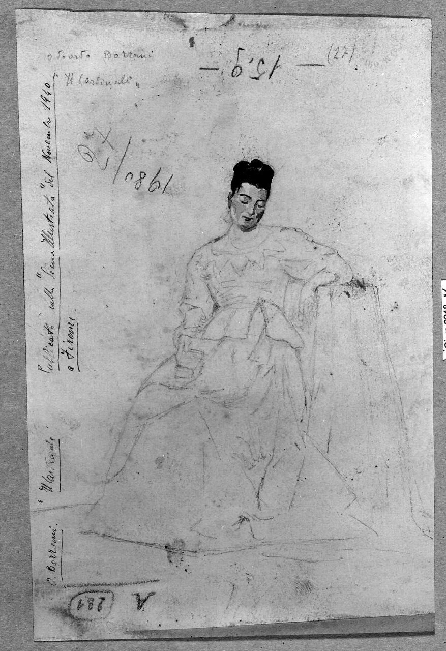 Il Cardinale (v.), figura maschile che prega(r.), figura femminile seduta (v.) (disegno) di Borrani Odoardo (seconda metà sec. XIX)