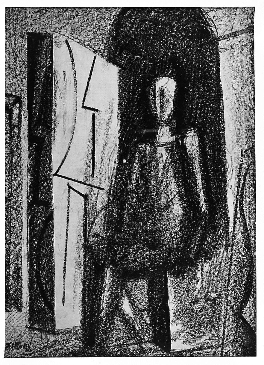 interno con figura femminile (disegno) di Sironi Mario (secondo quarto sec. XX)