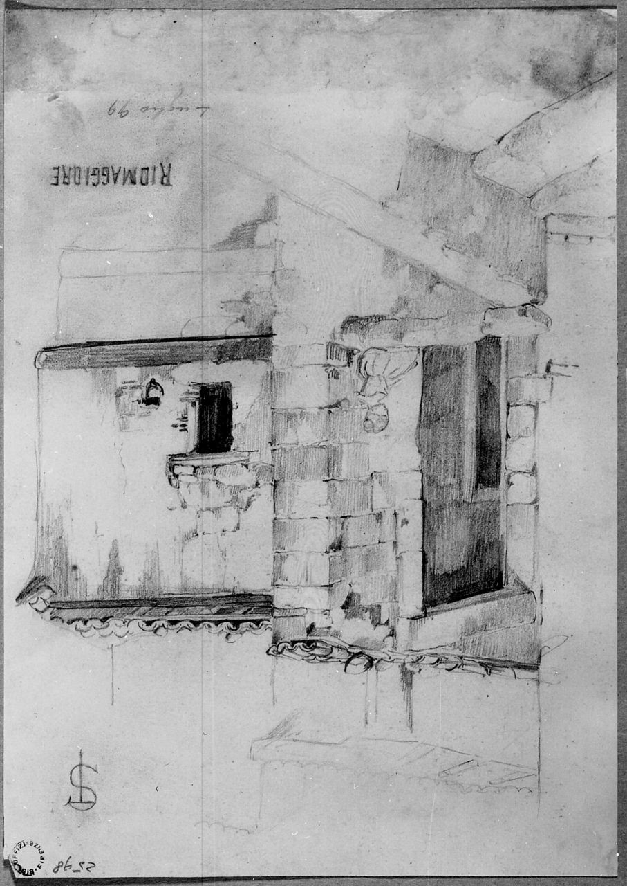 Casette a Riomaggiore (r), Bambina (v) (disegno) di Signorini Telemaco (sec. XIX)