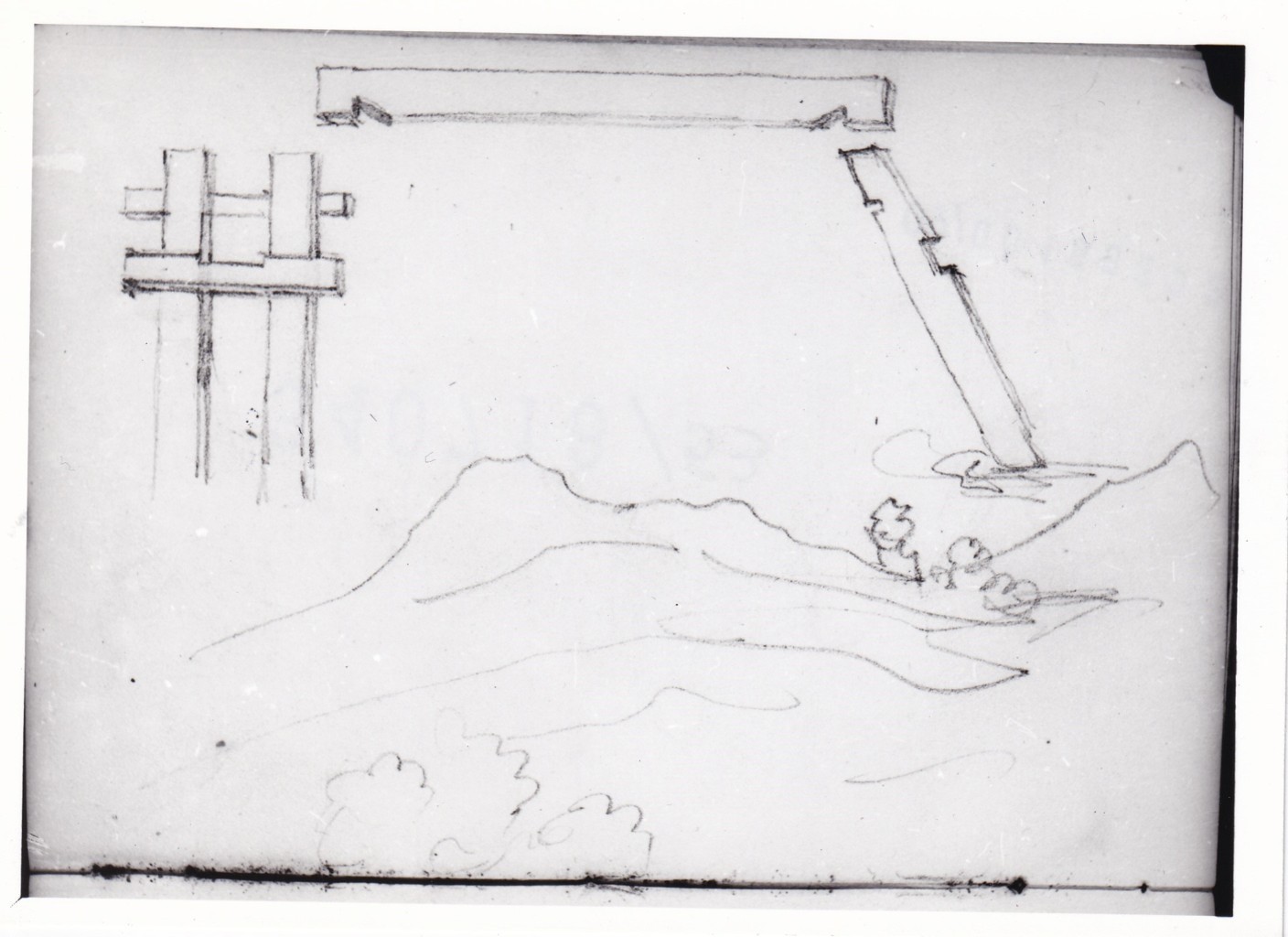 Schizzo di un paesaggio montano, schema di incastri di strutture di legno, Scena di un interno con persone attorno ad un persanggio a letto (disegno) di Bezzuoli Giuseppe (sec. XIX)