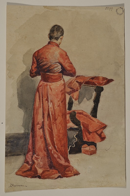 Il Cardinale (v.), figura maschile che prega(r.), figura femminile seduta (v.) (disegno) di Borrani Odoardo (seconda metà sec. XIX)
