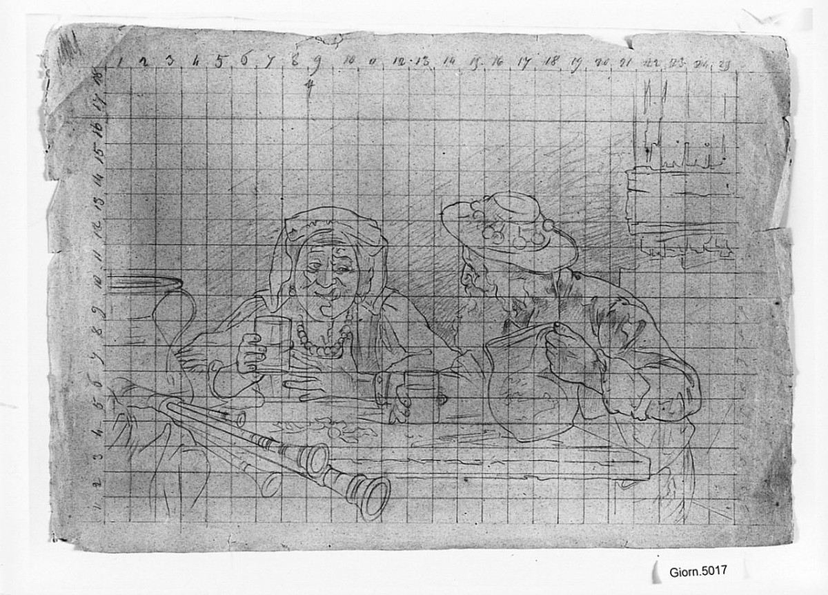 Studio per I Beoni, interno di osteria con figure (disegno) di Saltini Pietro (terzo quarto sec. XIX)