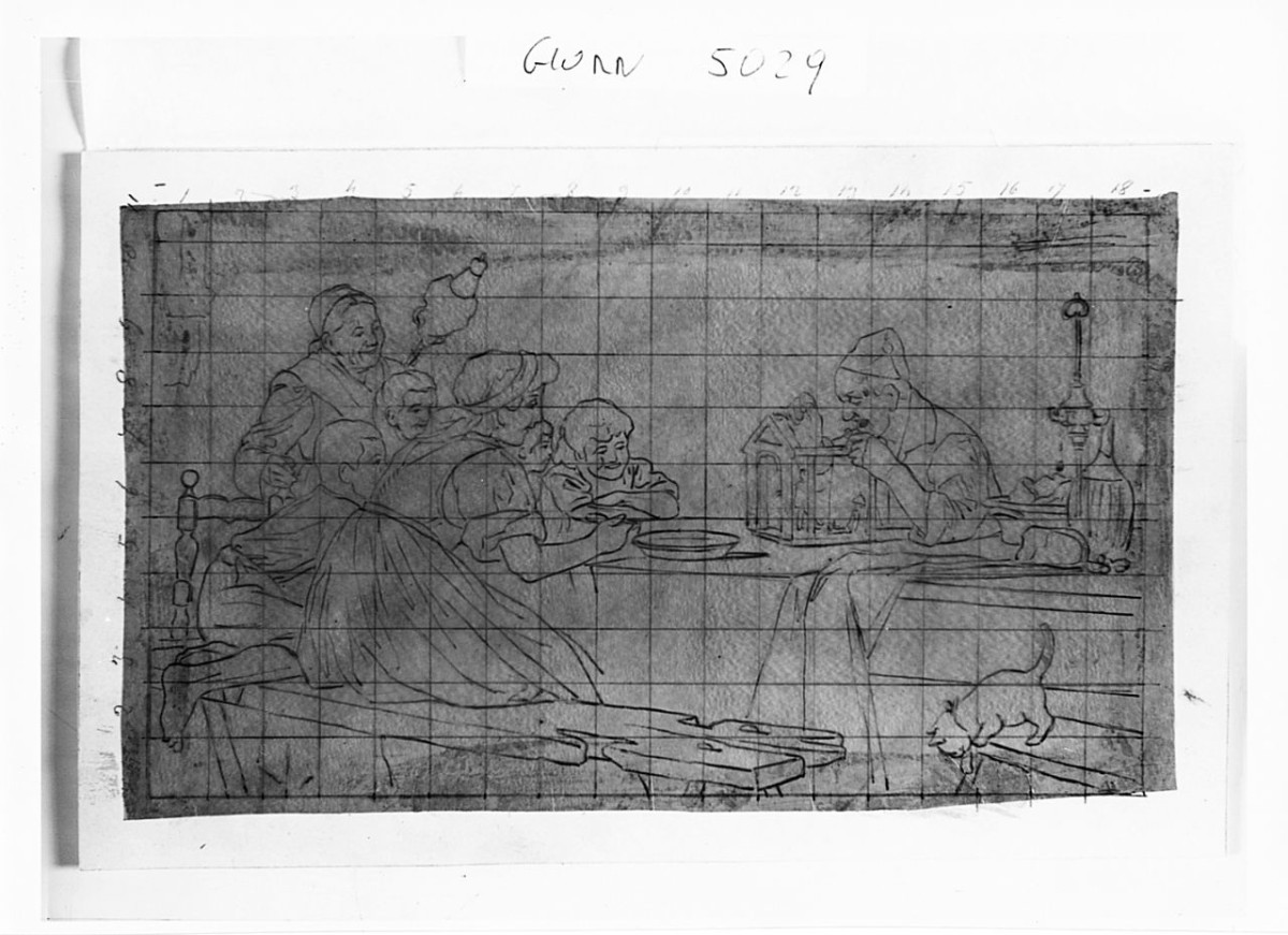 Studio per Le marionette, interno con figure (disegno) di Saltini Pietro (terzo quarto sec. XIX)