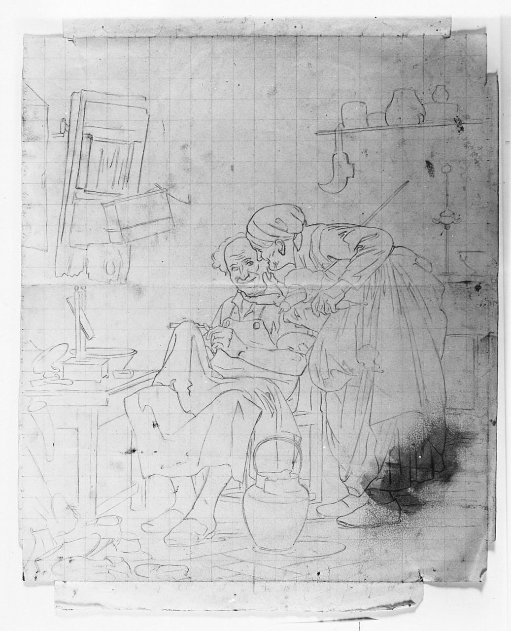 Studio per Amor non mette ruggine, interno con figure (disegno) di Saltini Pietro (terzo quarto sec. XIX)