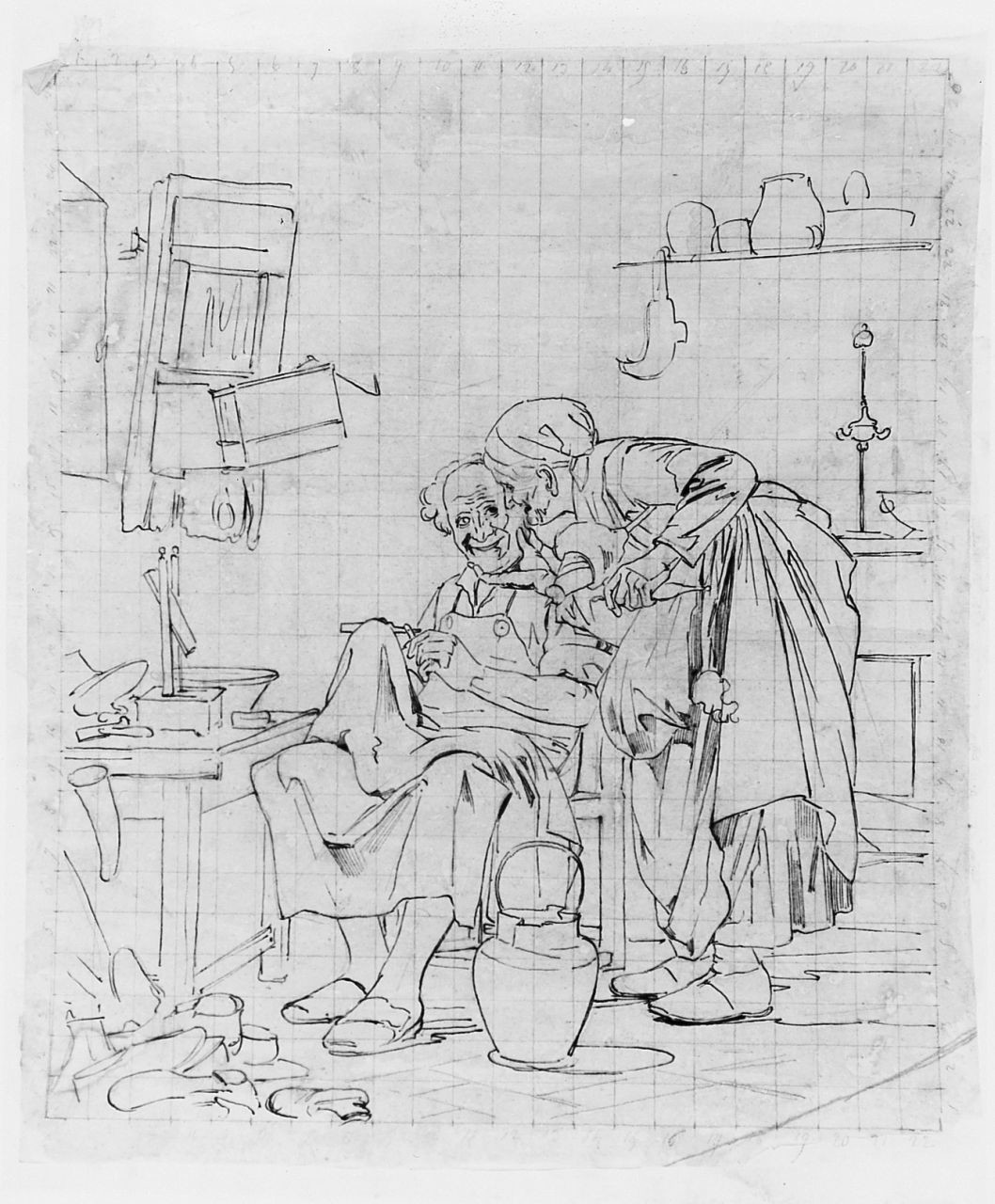 Studio per Amor non mette ruggine, interno con figure (disegno) di Saltini Pietro (terzo quarto sec. XIX)