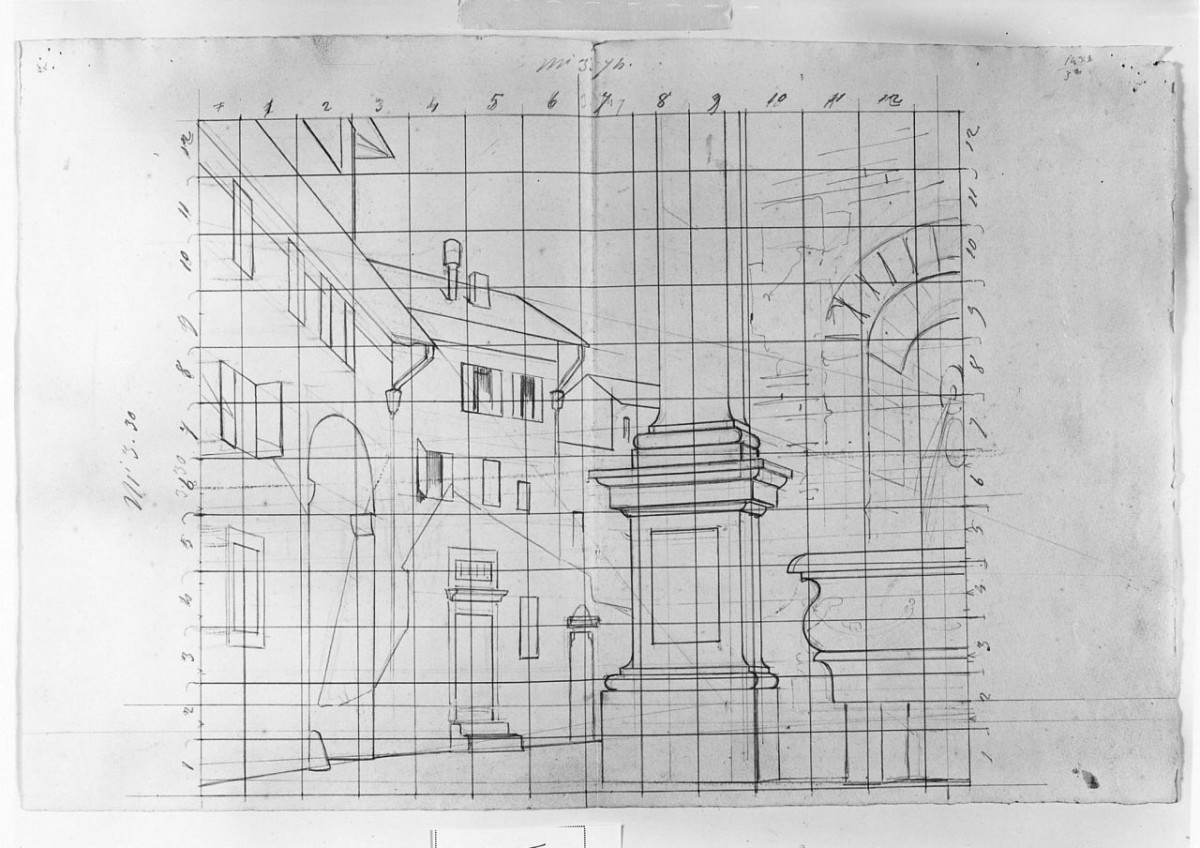 Studio prospettico di una piazza, (r.), disegno geometrico (disegno) di Saltini Pietro (terzo quarto sec. XIX)