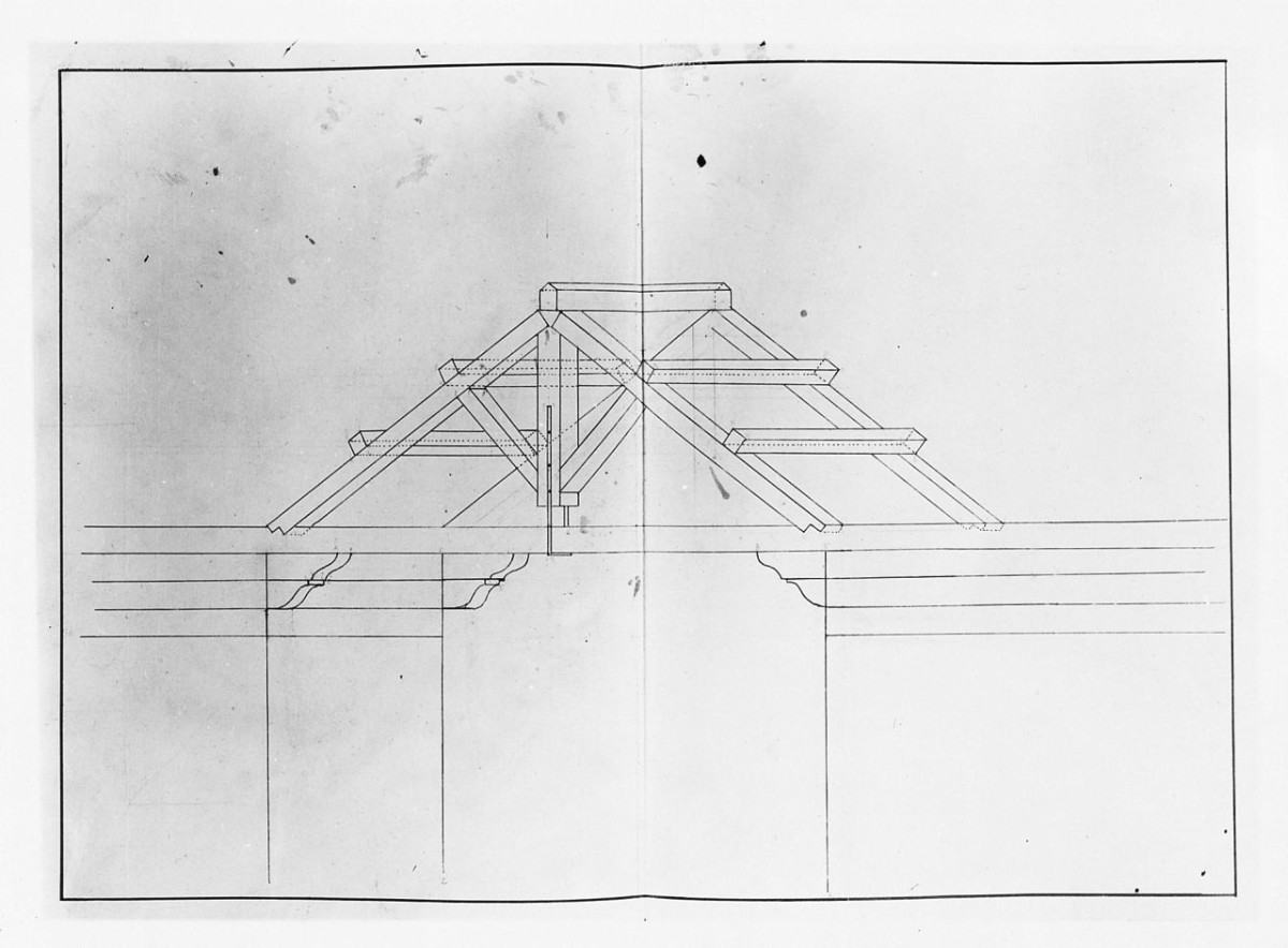 studio geometrico-architettonico: studio degli elementi di una capriata, disegno geometrico (disegno) di Saltini Pietro (terzo quarto sec. XIX)
