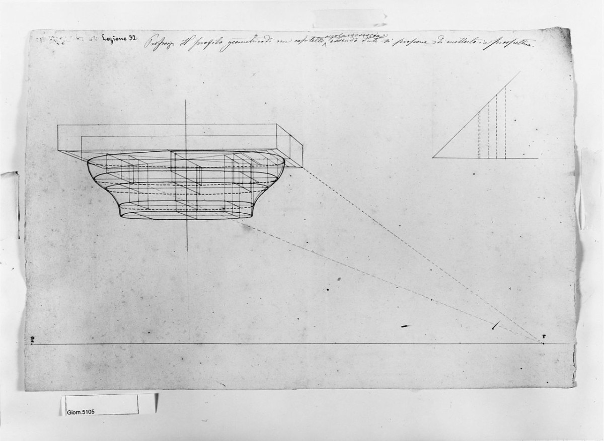 studio geometrico prospettico di un capitello, disegno geometrico (disegno) di Saltini Pietro (terzo quarto, terzo quarto sec. XIX, sec. XIX)