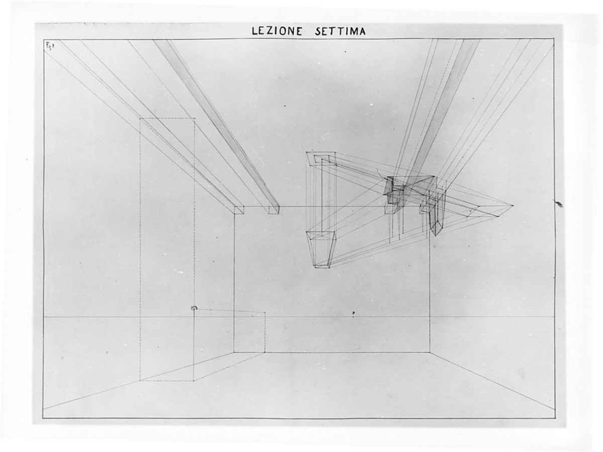 Studio architettonico-geometrico: studio di una lampada in una stanza con proiezioni delle ombre provocate dalla luce, disegno geometrico (disegno) di Saltini Pietro (terzo quarto sec. XIX)