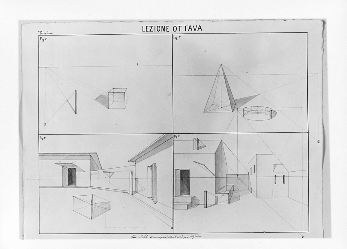 studio geometrico-architettonico: studio di oggetti ed edifici con proiezioni delle ombre, disegno geometrico (disegno) di Saltini Pietro (terzo quarto sec. XIX)
