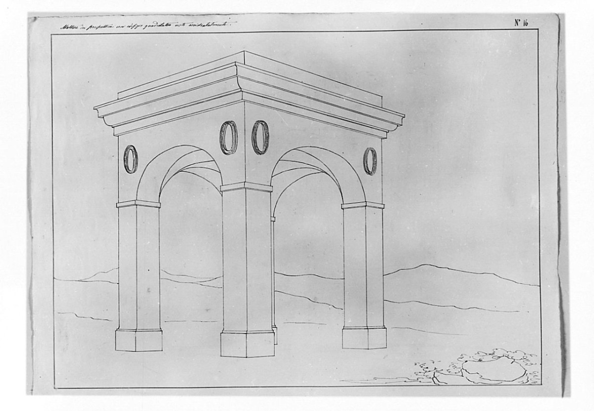 Studio architettonico: studio di un edificio a pianta centrale in un paesaggio, disegno geometrico (disegno) di Saltini Pietro (terzo quarto sec. XIX)