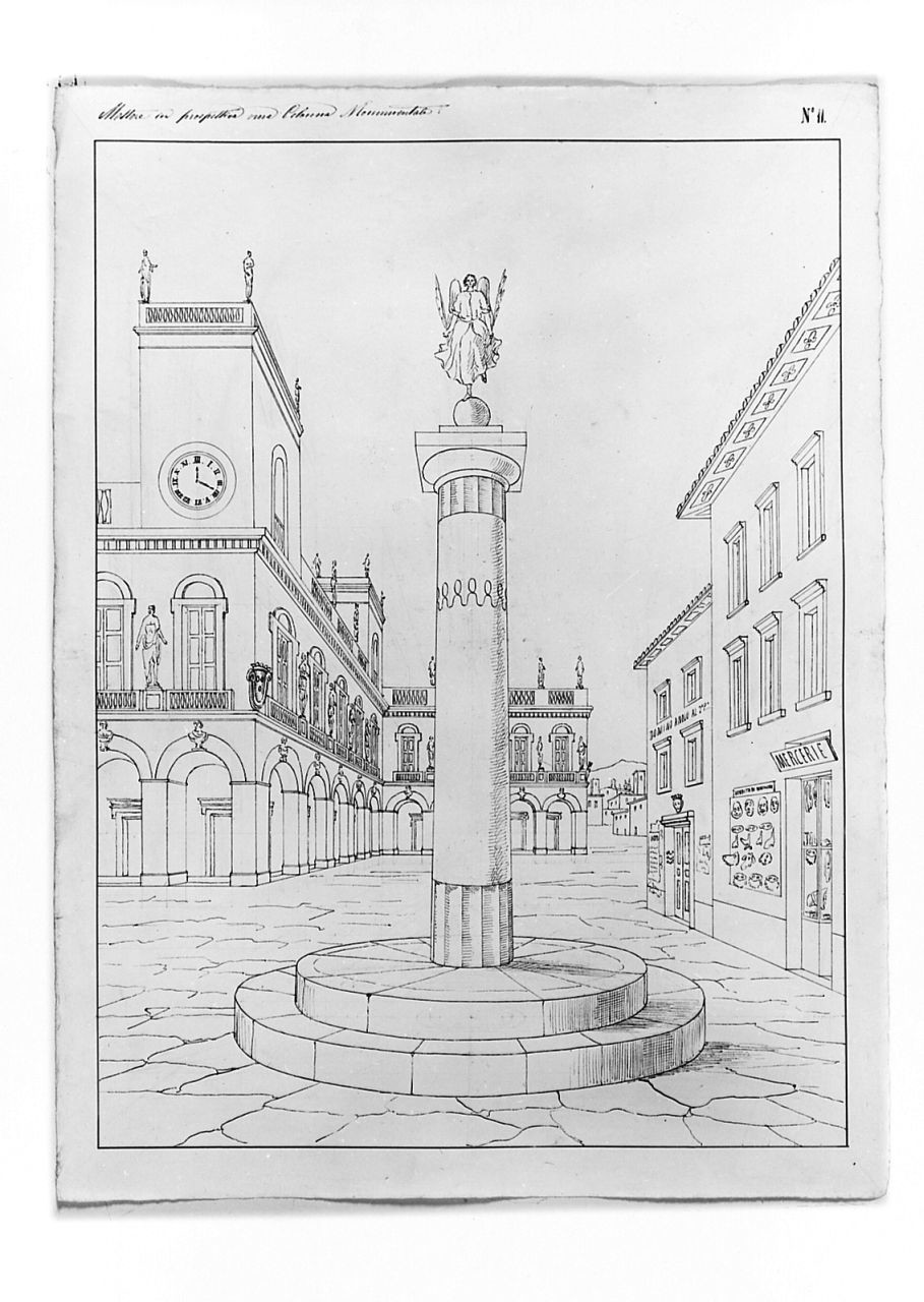 Studio architettonico: studio di una piazza con edifici e portici e al centro una colonna sormontanta da una vittoria alata, disegno geometrico (disegno) di Saltini Pietro (terzo quarto sec. XIX)