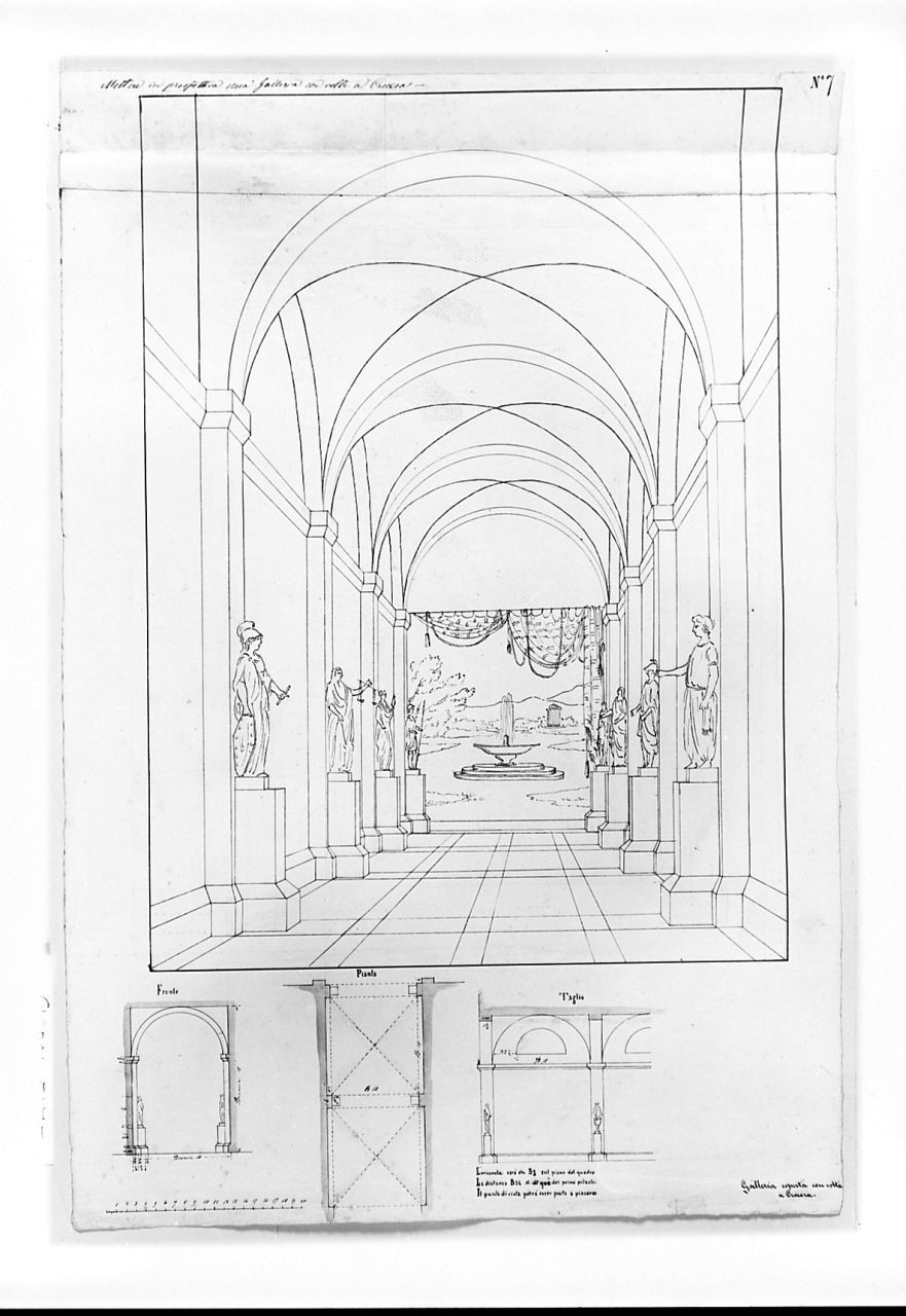 Studio architettonico: studio, in pianta e alzato, di una galleria decorata con statue e aperta su un giardino, disegno geometrico (disegno) di Saltini Pietro (terzo quarto sec. XIX)