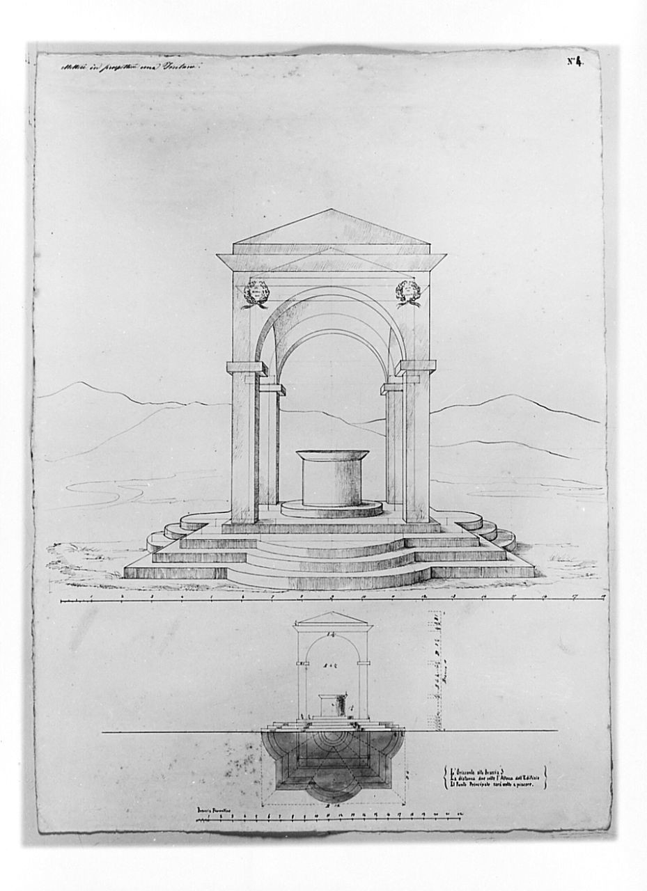 Studio architettonico: studio prospettico, in pianta e alzato, di una fontana, disegno geometrico (disegno) di Saltini Pietro (terzo quarto sec. XIX)