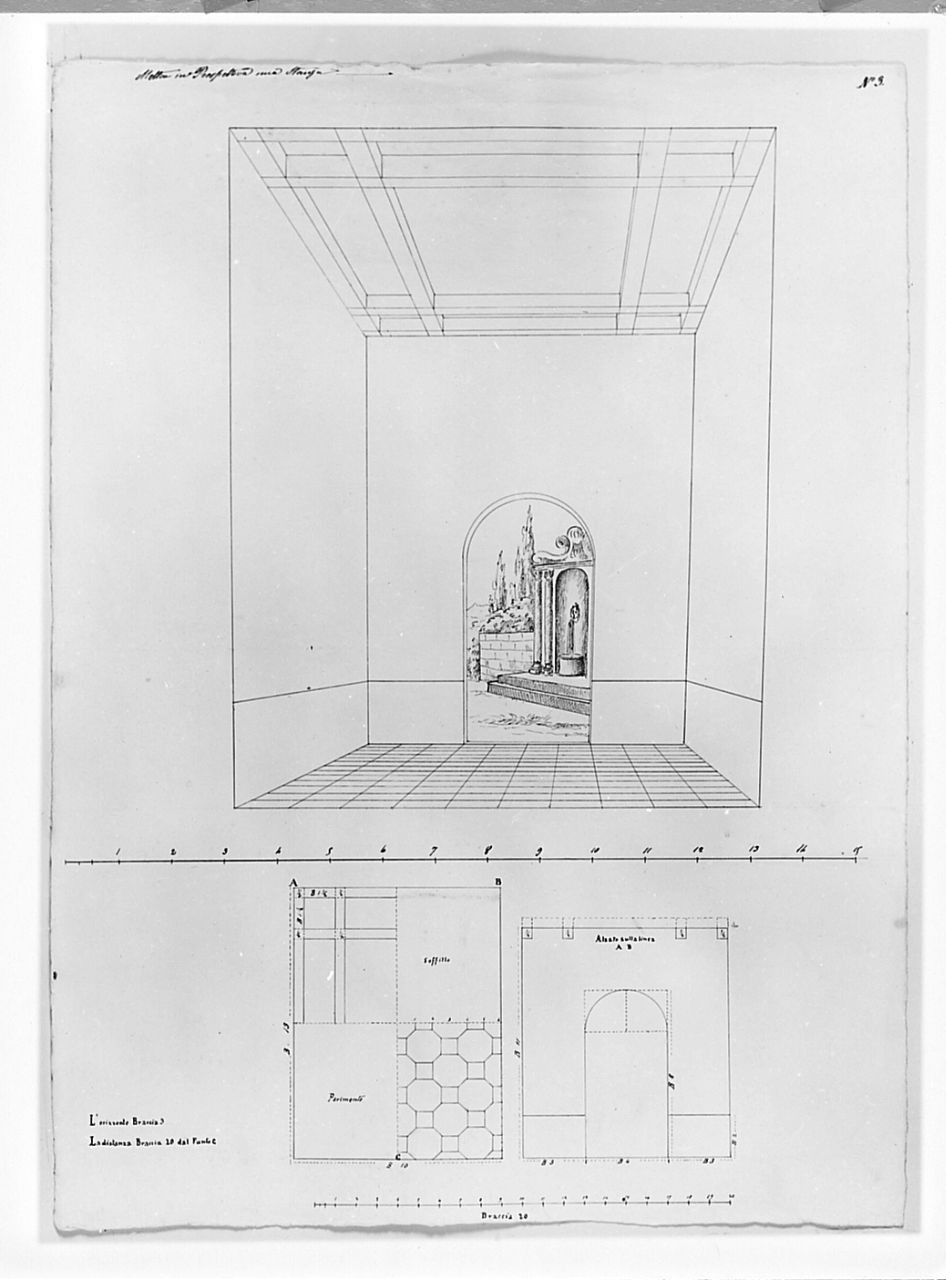 Studio architettonico: studio prospettico, in pianta e in alzato, di una stanza prospiciente un giardino, disegno geometrico (disegno) di Saltini Pietro (terzo quarto sec. XIX)