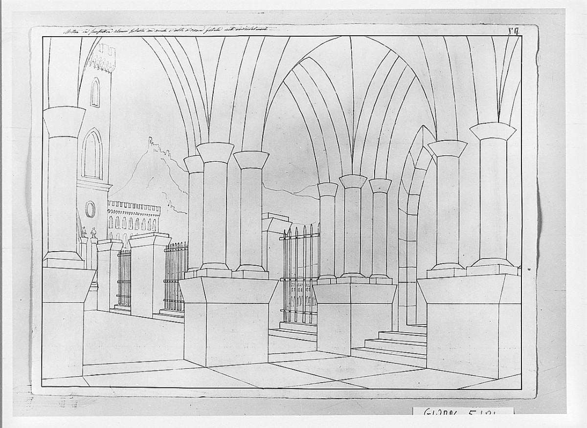 Studio architettonico: studio di colonnato in stile gotico, disegno geometrico (disegno) di Saltini Pietro (terzo quarto sec. XIX)