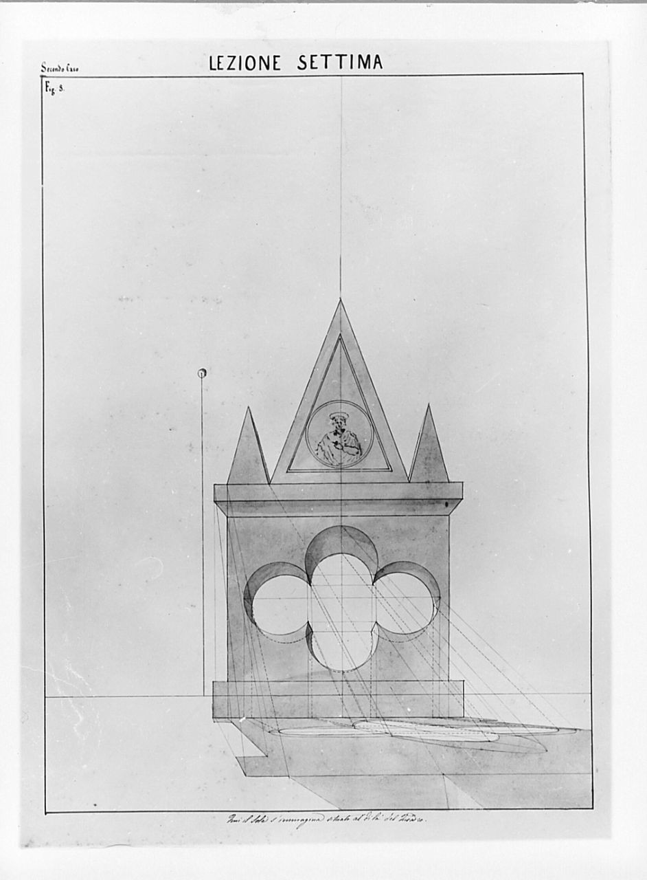 studio geometrico-architettonico: studio di un edificio gotico con proiezione dellombra sul terreno, disegno geometrico (disegno) di Saltini Pietro (terzo quarto sec. XIX)