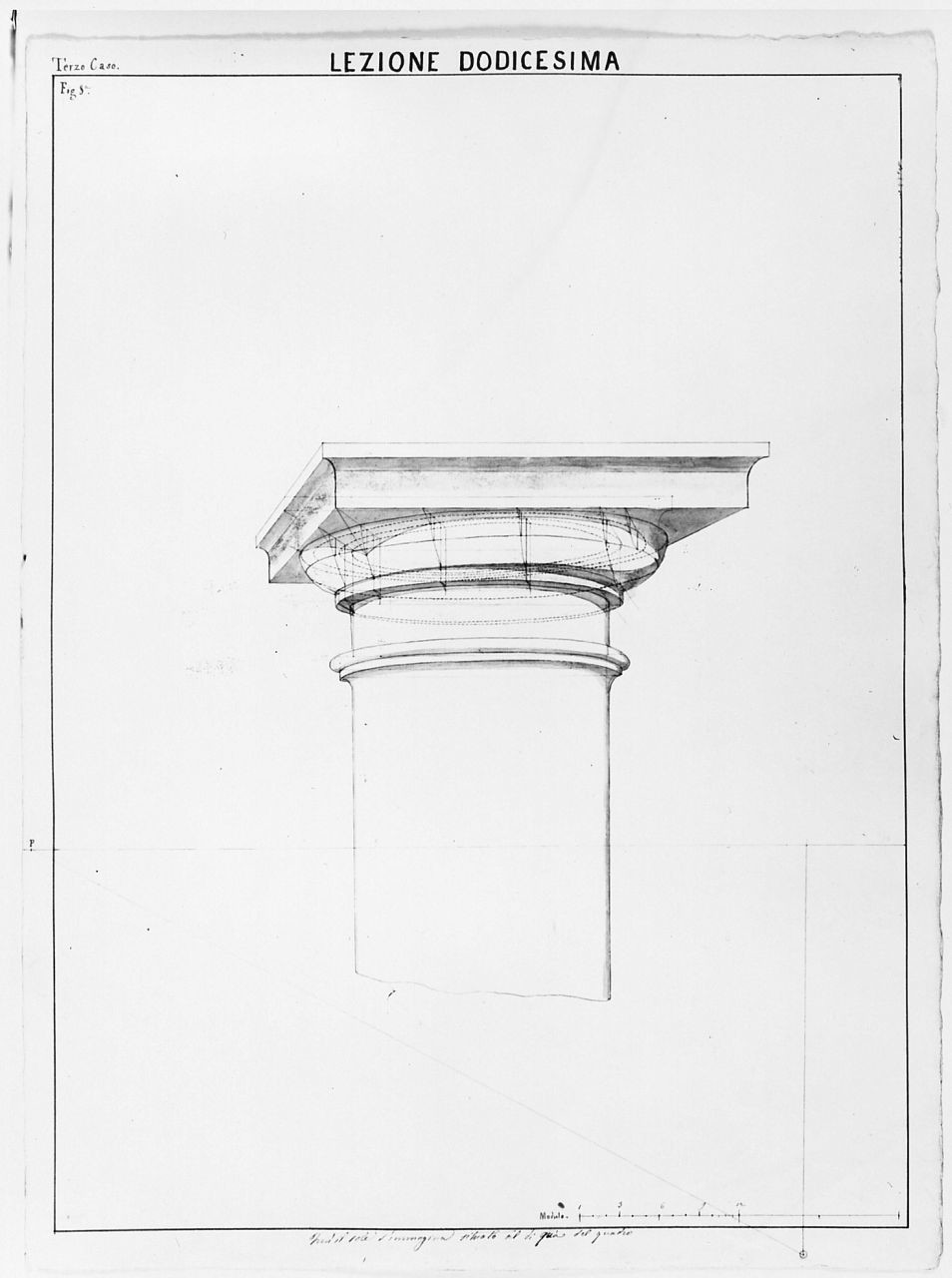 studio geometrico-architettonico: studio della porzione superiore di una colonna, disegno geometrico (disegno) di Saltini Pietro (terzo quarto sec. XIX)