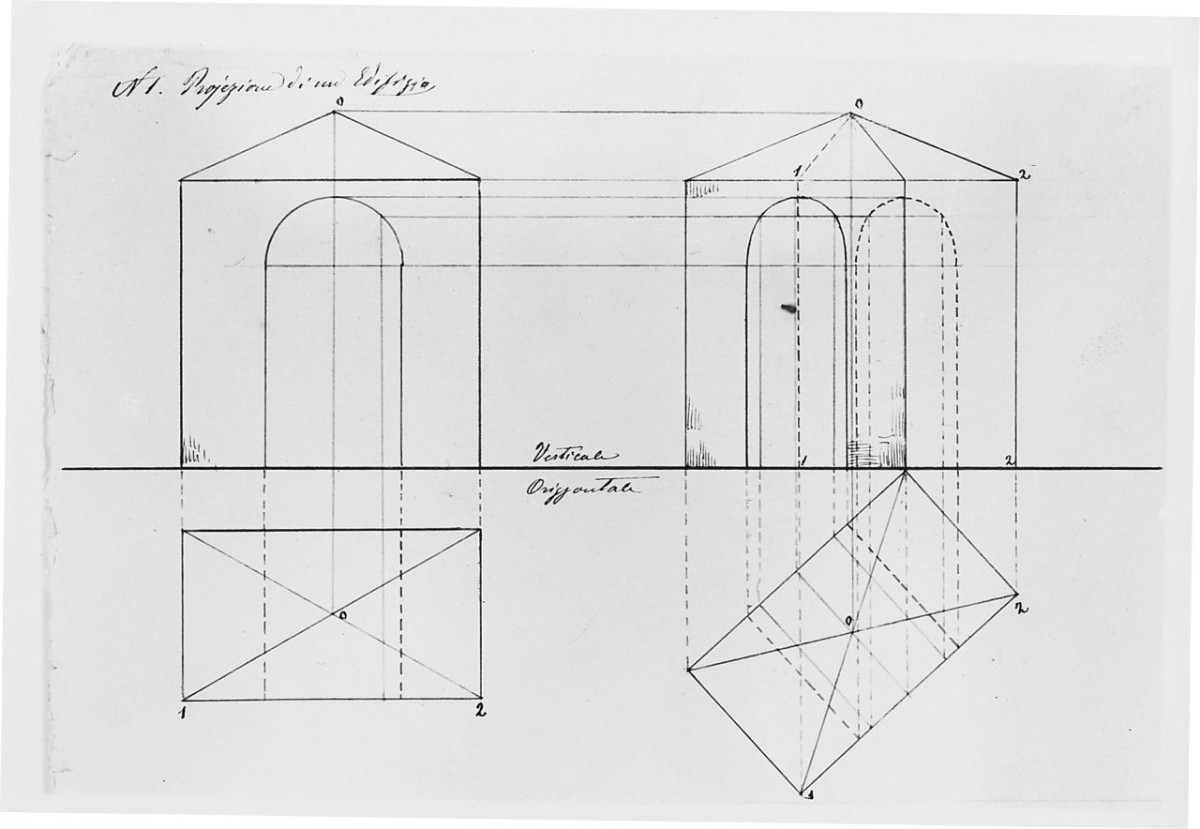 proiezione di un edificio, disegno geometrico (disegno) di Saltini Pietro (terzo quarto sec. XIX)