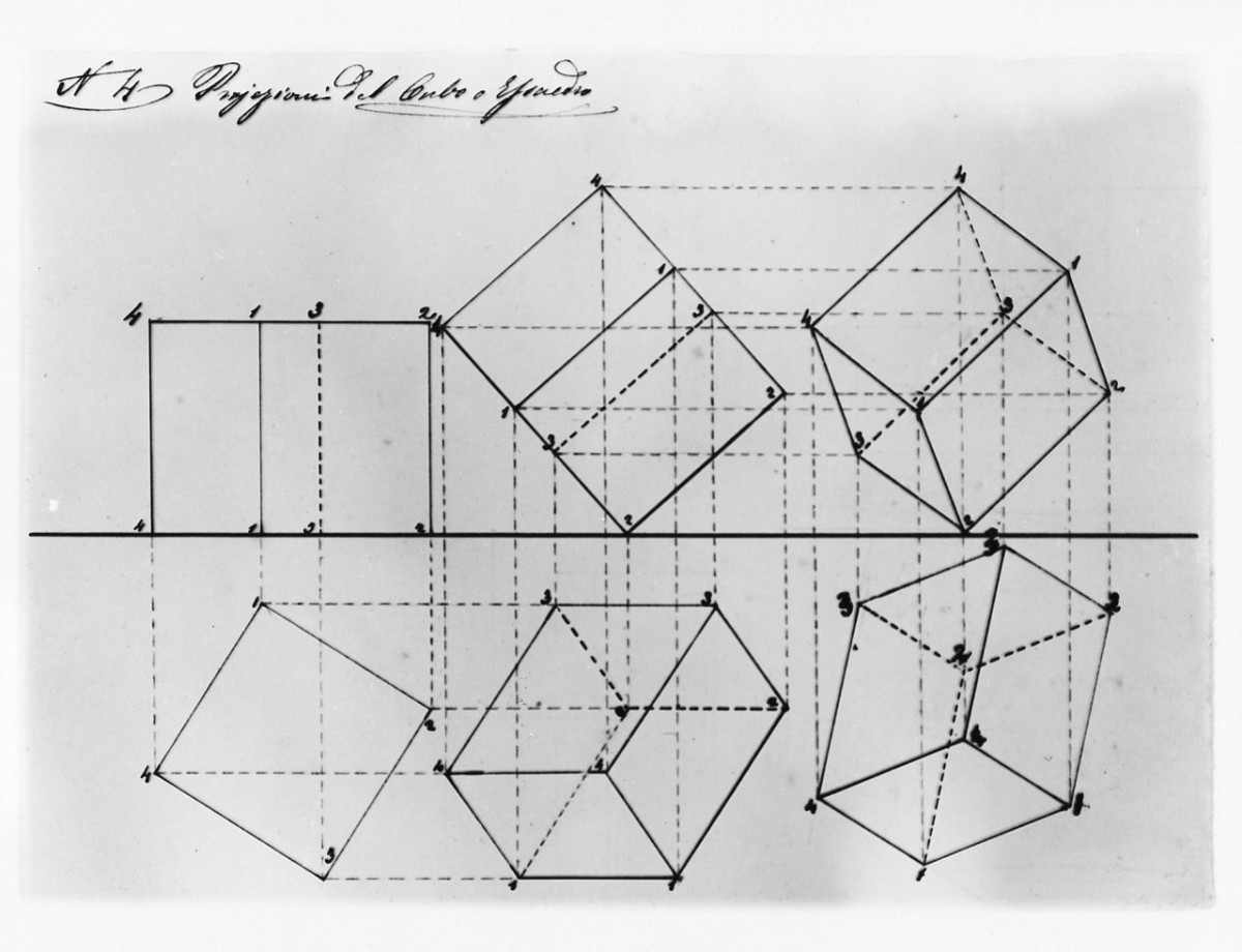porzione di un cubo o esaedro, disegno geometrico (disegno) di Saltini Pietro (terzo quarto sec. XIX)