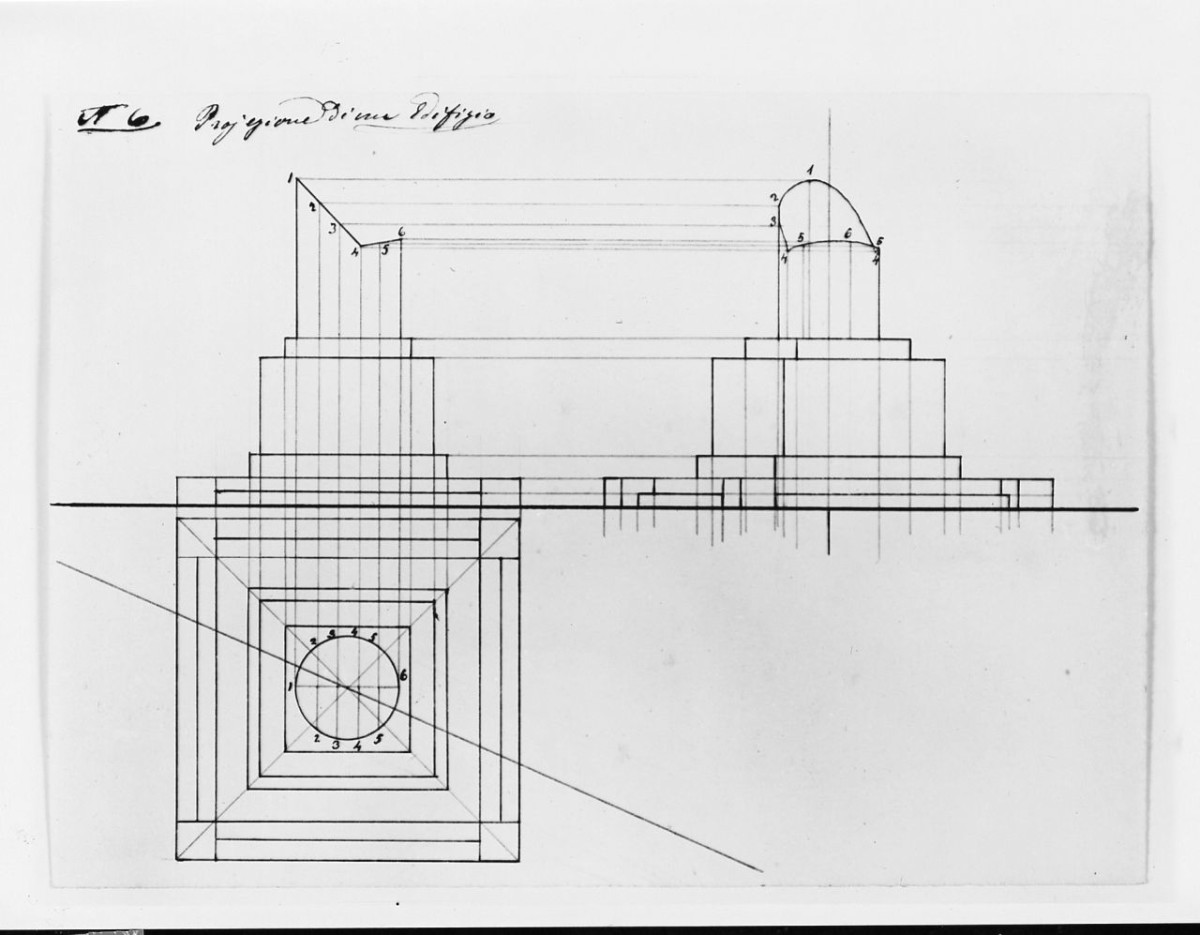 proiezione di un edificio, disegno geometrico (disegno) di Saltini Pietro (terzo quarto sec. XIX)