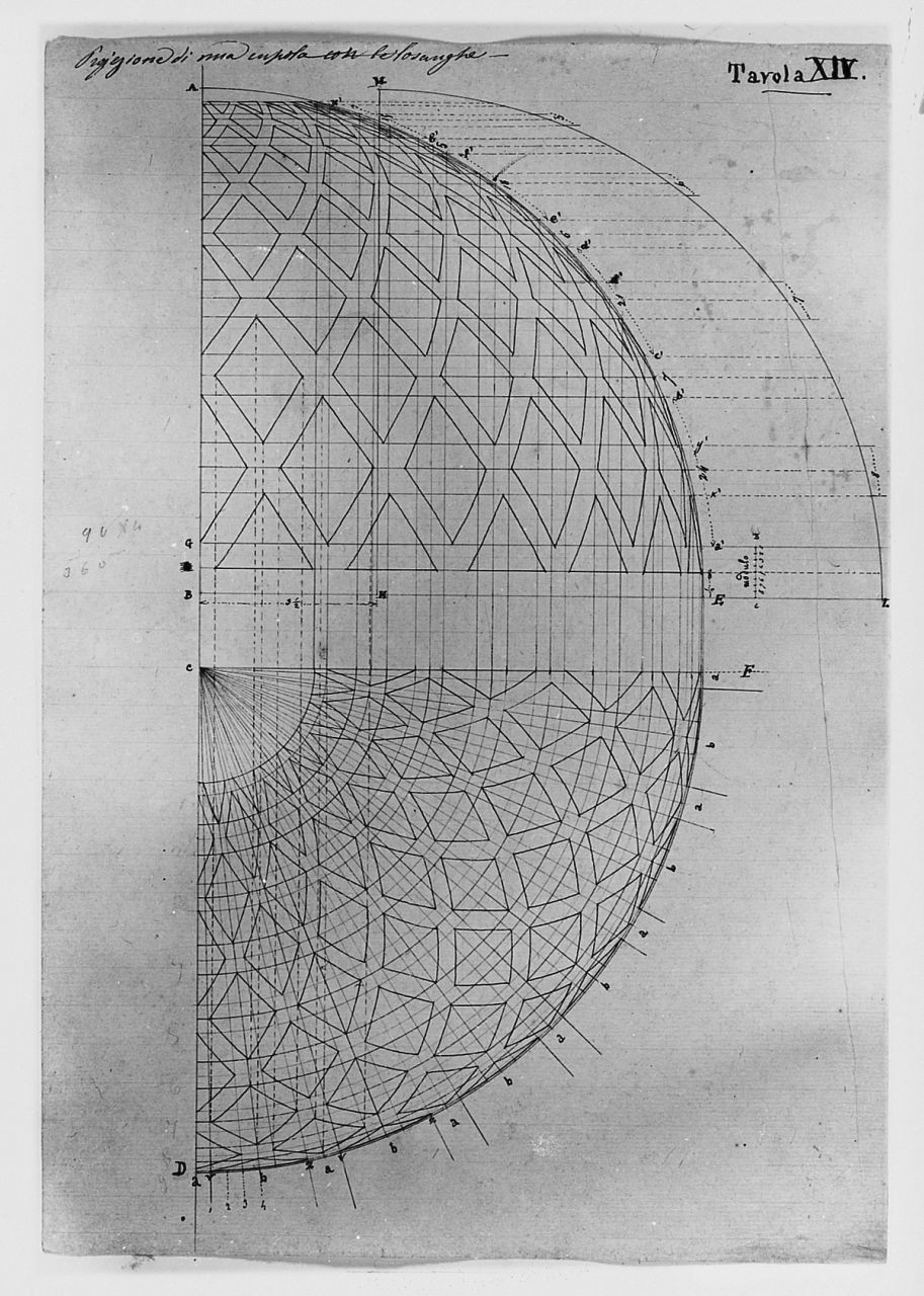 proiezione di una cupola con losanghe, disegno geometrico (disegno) di Saltini Pietro (terzo quarto sec. XIX)