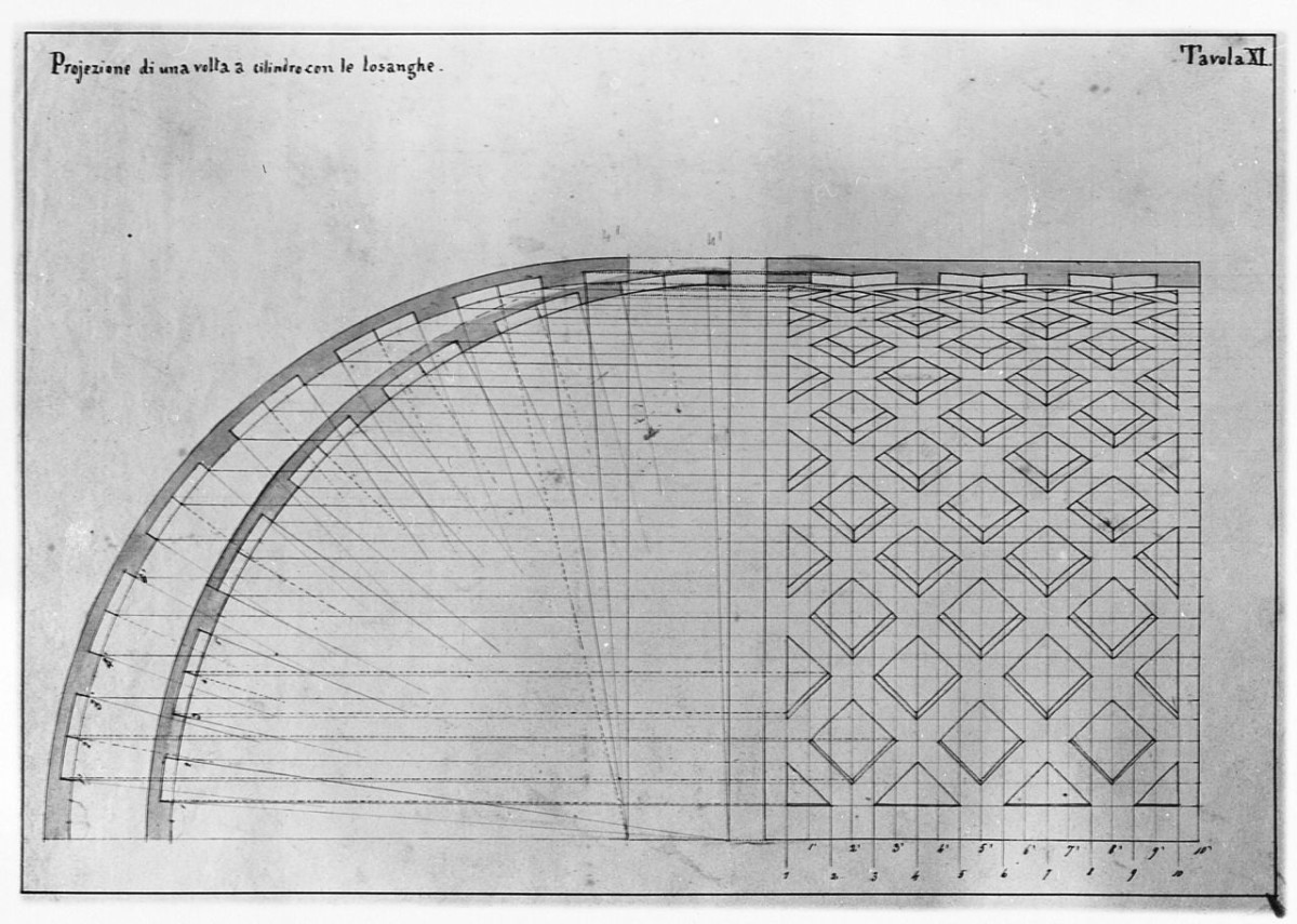 proiezione di una volta a cilindro con losanghe, disegno geometrico (disegno) di Saltini Pietro (terzo quarto sec. XIX)