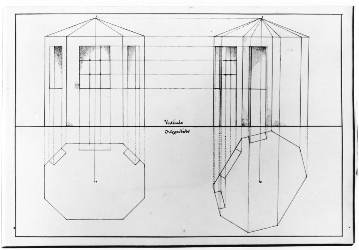 studio di proiezione di due volumi solidi, disegno geometrico (disegno) di Saltini Pietro (terzo quarto sec. XIX)