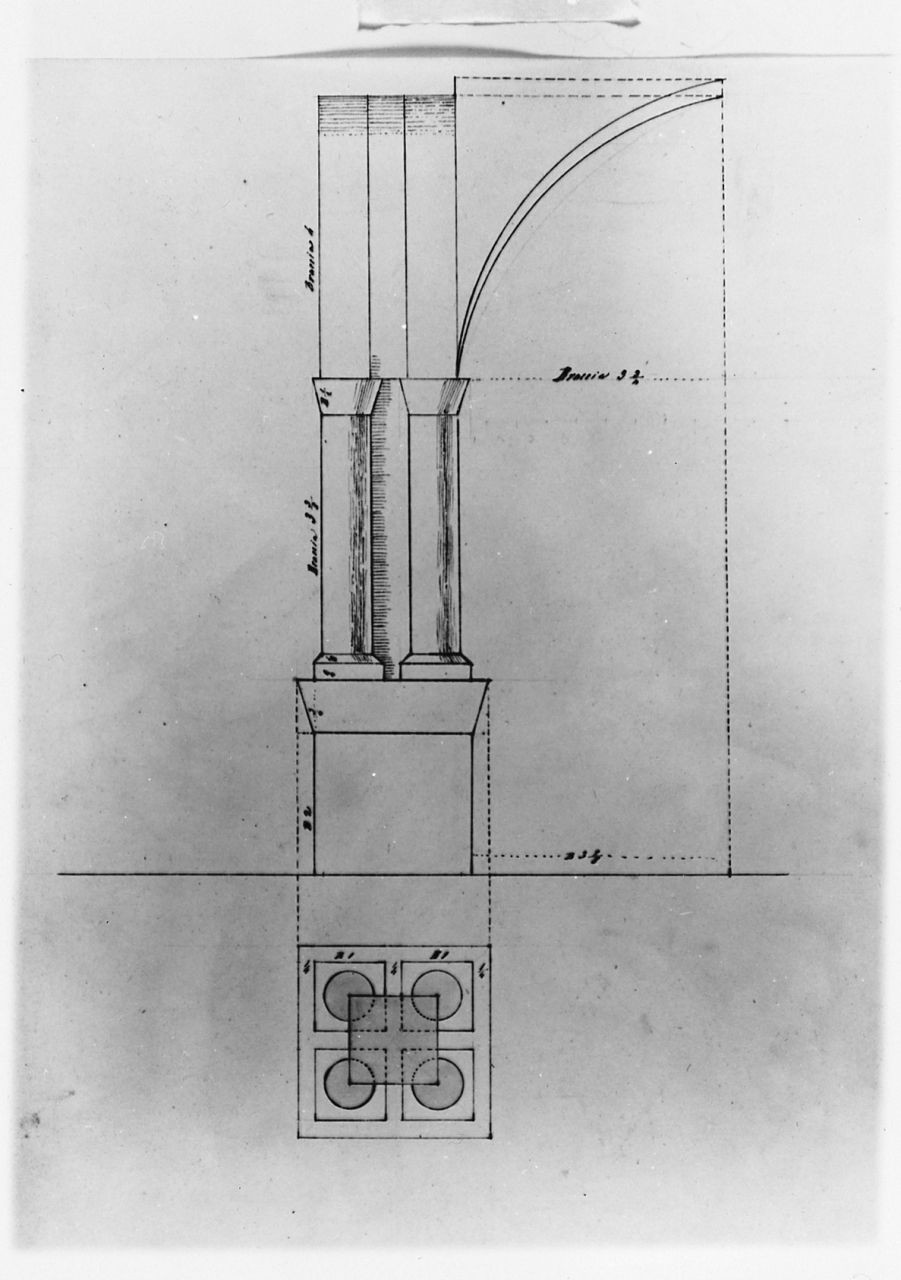 studio in alzata e in pianta di un pilastro con quattro semicolonne addossate, disegno geometrico (disegno) di Saltini Pietro (terzo quarto sec. XIX)