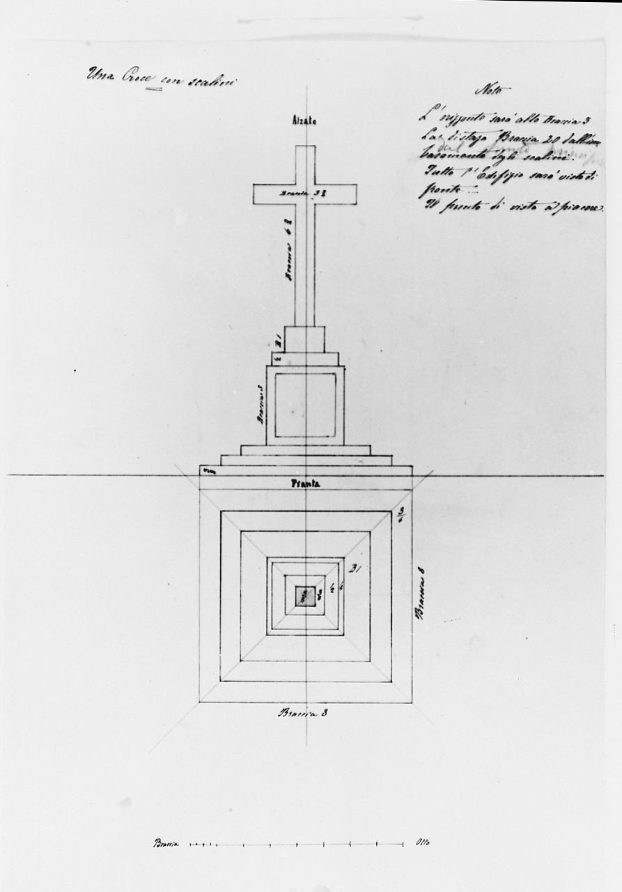 studio, in pianta e alzato, di una croce con scalini, disegno geometrico (disegno) di Saltini Pietro (terzo quarto sec. XIX)