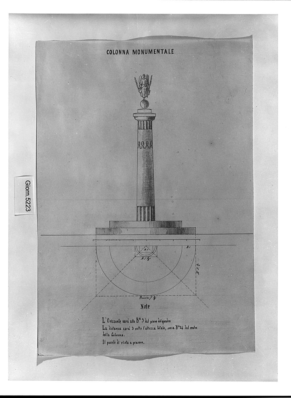 studio di colonna monumentale: studio di colonna posta su due gradini e con una statua sul capitello, disegno geometrico (disegno) di Saltini Pietro (terzo quarto sec. XIX)