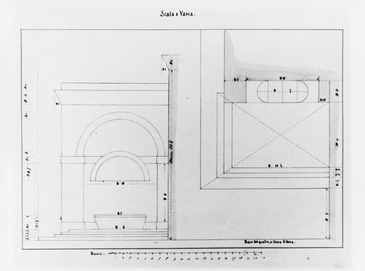 studio, in pianta e in alzato, di una vasca addossata ad un edificio, disegno geometrico (disegno) di Saltini Pietro (terzo quarto sec. XIX)