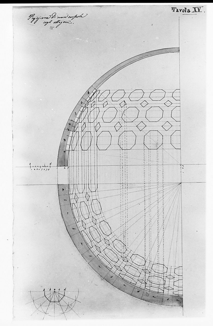 proiezione di una cupola con ottagoni, disegno geometrico (disegno) di Saltini Pietro (terzo quarto sec. XIX)