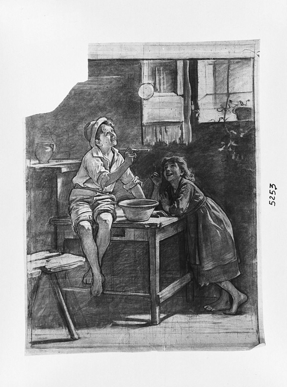 Studio per il quadro Le bolle di sapone genere domestico, bambini che giocano (disegno) di Saltini Pietro (terzo quarto sec. XIX)