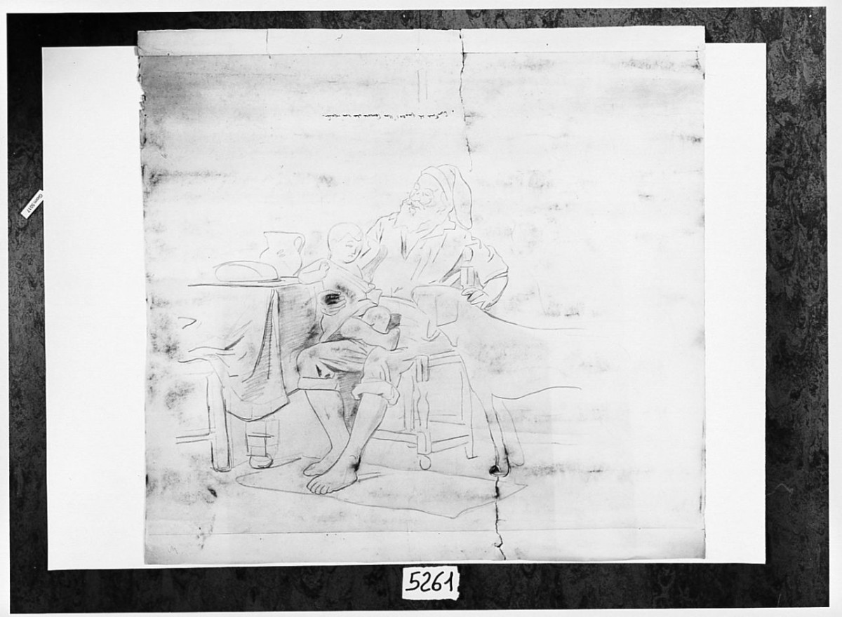 Studio per il quadro Non temere che non morde, scena familiare (disegno) di Saltini Pietro (terzo quarto sec. XIX)