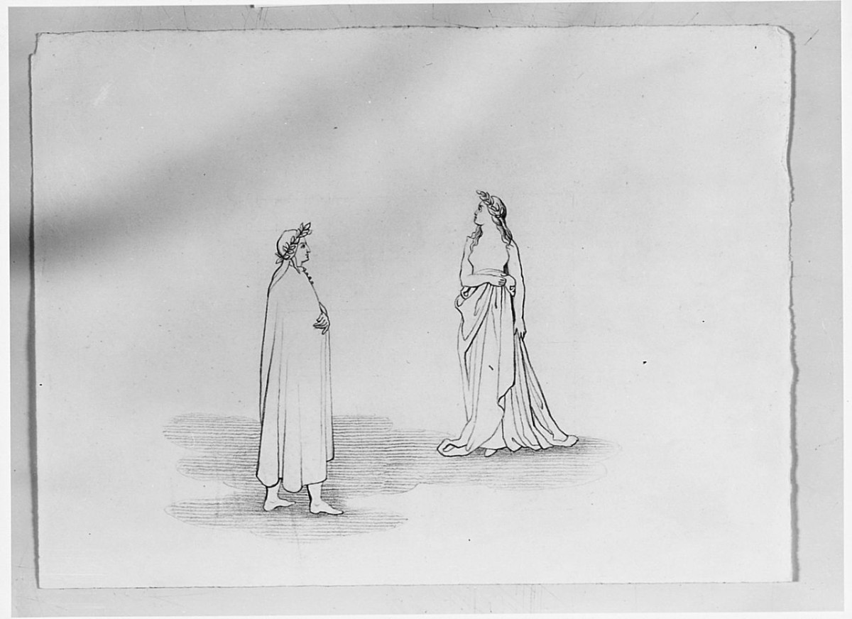 incontro di Dante e Beatrice (disegno) di Saltini Pietro (terzo quarto sec. XIX)
