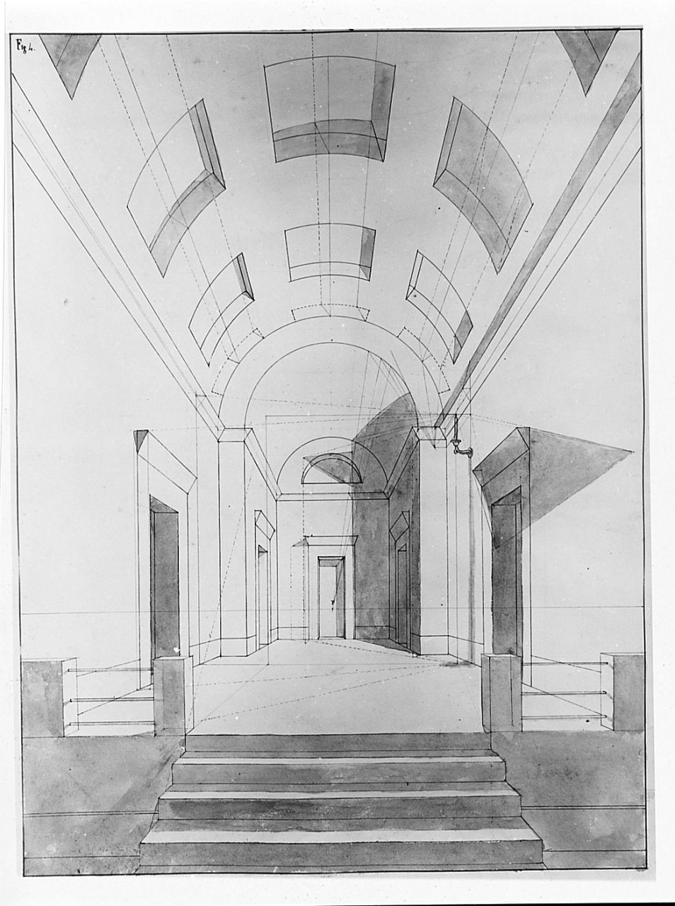 studio geometrico-architettonico: studio delle ombre proiettate da una candela in un ambiente a volta, disegno geometrico (disegno) di Saltini Pietro (terzo quarto sec. XIX)