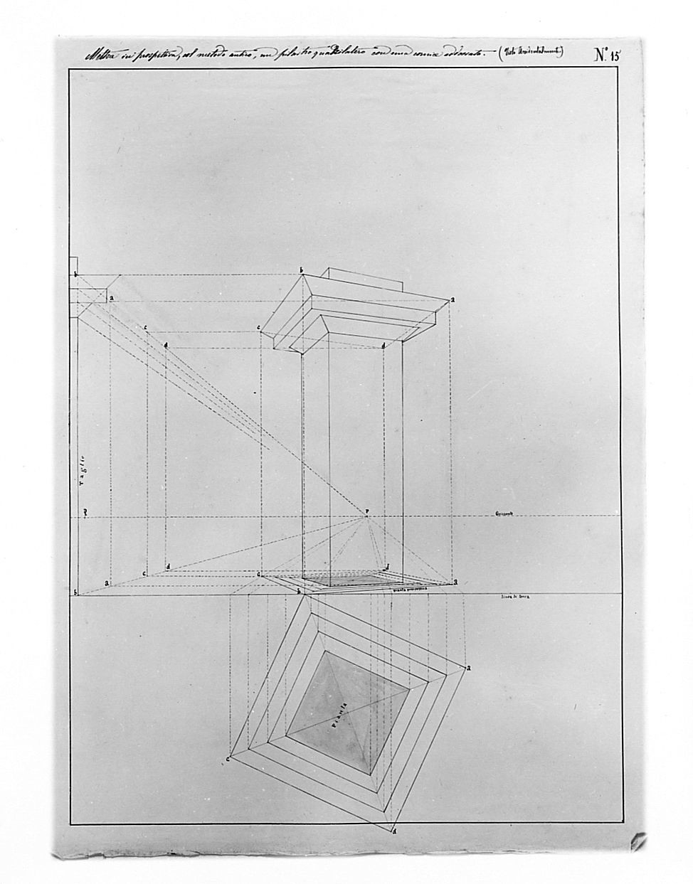 studio geometrico-architettonico: studio di costruzione prospettica di un pilastro quadrilatero con cornice, disegno geometrico (disegno) di Saltini Pietro (terzo quarto sec. XIX)