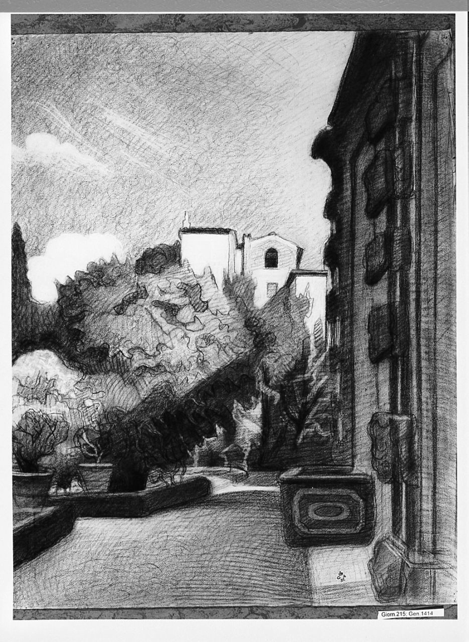 Giardino Capponi con il palazzo a destra, giardino (disegno) di Zambini Ferrante (sec. XX)
