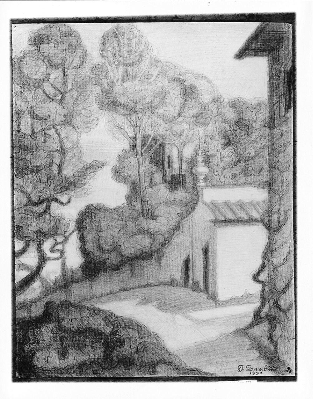 paesaggio con architetture (disegno) di Zambini Ferrante (sec. XX)