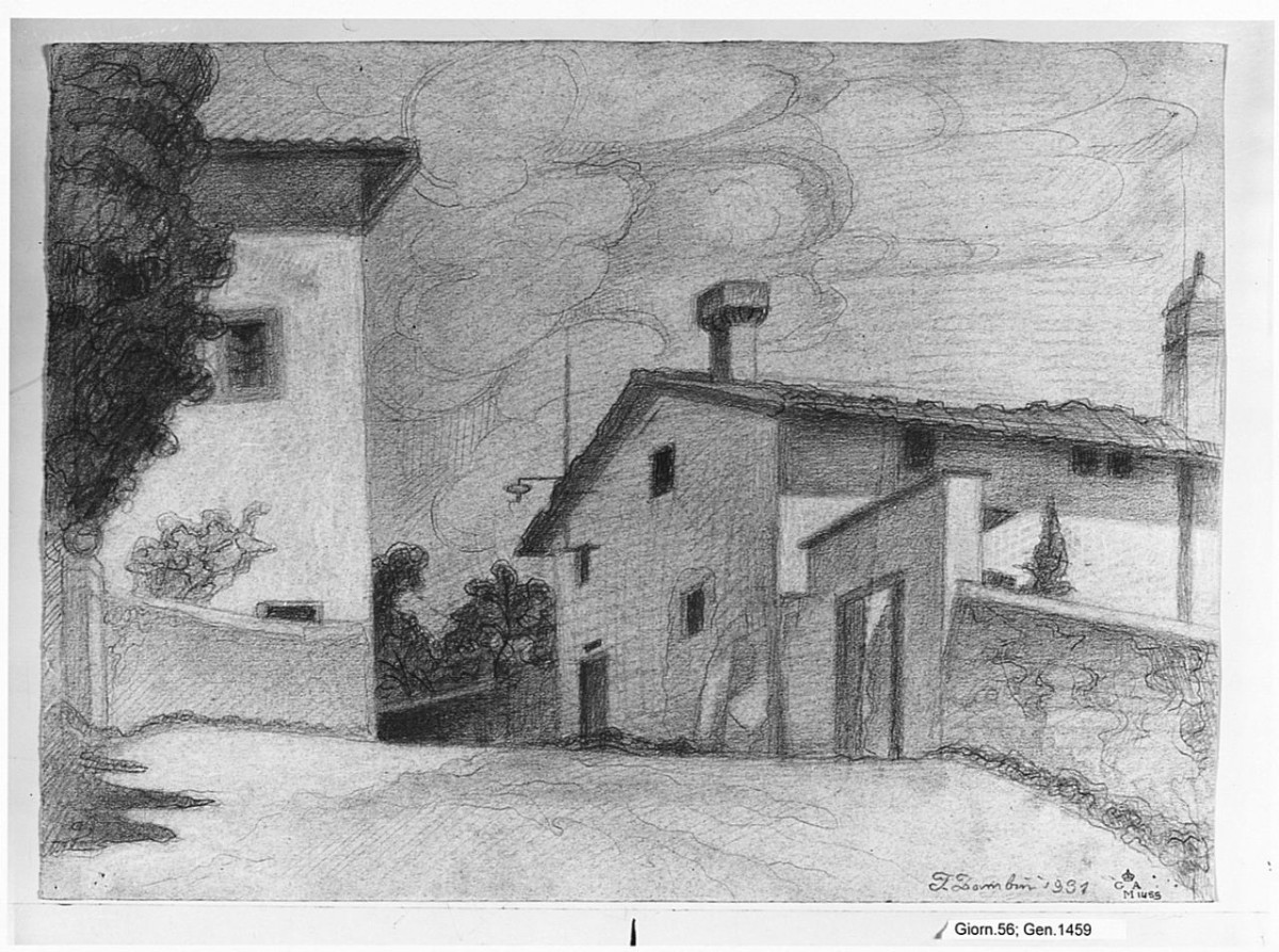Piazzetta di via de Bruni, paesaggio con architetture (disegno) di Zambini Ferrante (sec. XX)