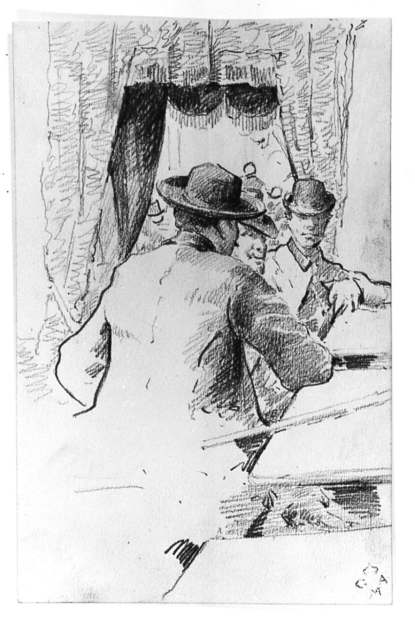 Al caffè, interno con figure (disegno) di Zonaro Fausto (sec. XX)