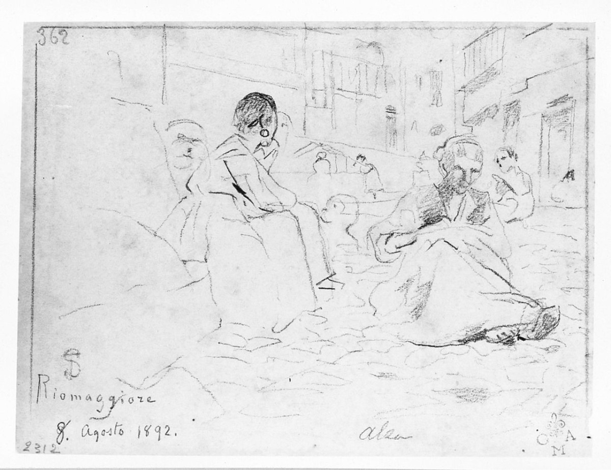 Riomaggiore, Riomaggiore, Gruppo di donne sedute per strada (r.), Veduta di paese (v.) (disegno) di Signorini Telemaco (sec. XIX)