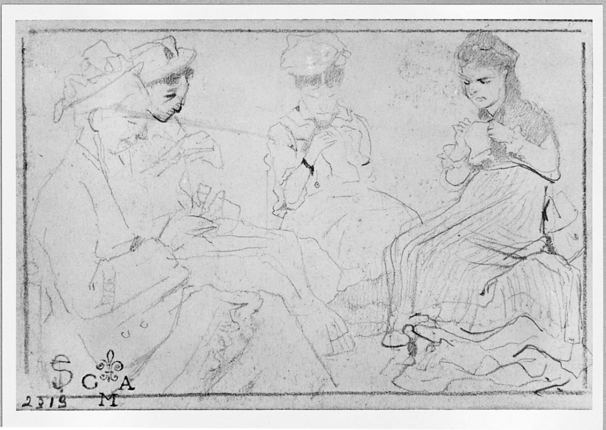 donne in un interno (r.), bambini (v.) (disegno) di Signorini Telemaco (seconda metà sec. XIX)