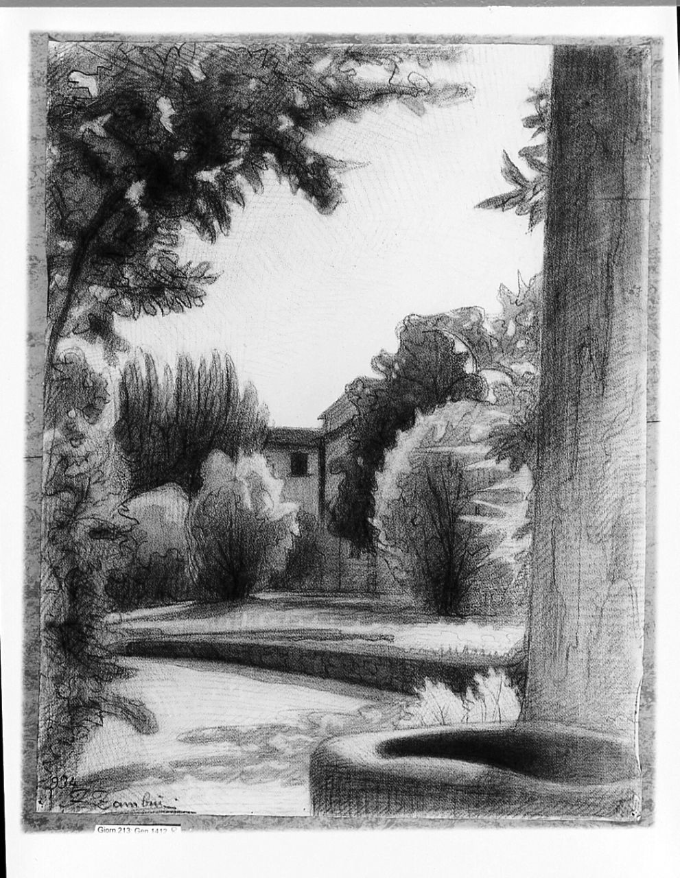 Il giardino Capponi con la casa di Andrea del Sarto (r.), Schizzo per il giardino Capponi con la casa di Andrea del Sarto (v.), veduta di giardino (r.), veduta di giardino (v.) (disegno) di Zambini Ferrante (sec. XX)